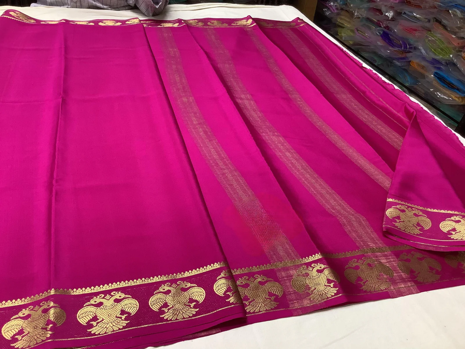 Semi Mysore Silk Saree with Stylish Contrast Color Borders 999rs - Image 3